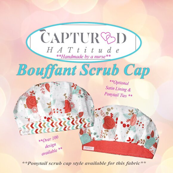 NWOT Handmade Pastel Roses Bouffant Scrub Cap- arrows, gold highlights - Picture 1 of 6